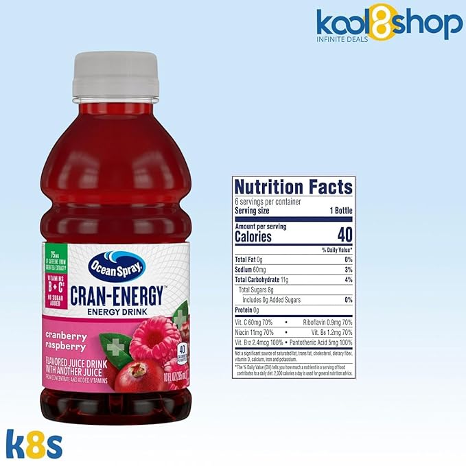 Ocean Spray Energy Cranberry Raspberry Juice Drink 10 fl oz Plastic Bottles 24 Pack + 2 Reusable Snack Bags by KOOL8SHOP Infinite Deals