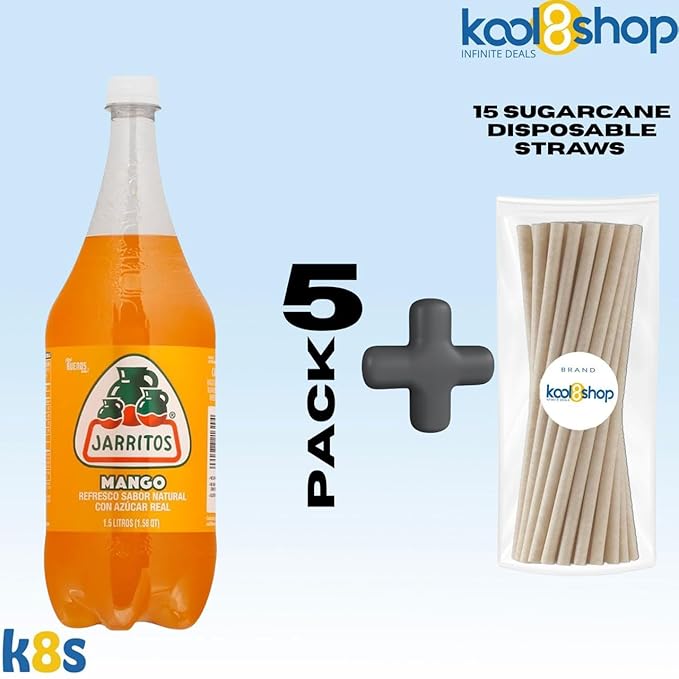 Jarritos Mango Mexican Soft Soda Drink 1.5 Lt Plastic Bottles 5 Pack + 15 Sugarcane Disposable Straws by KOOL8SHOP Infinite Deals