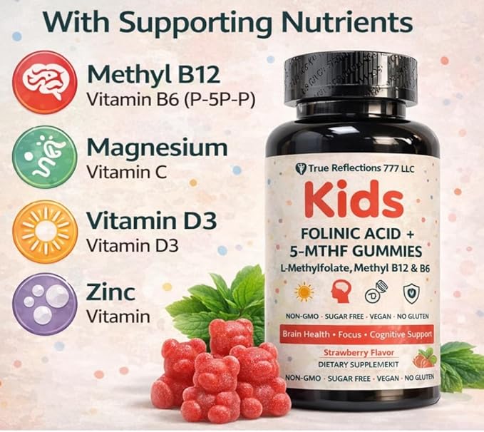Folinic Acid Gummies for Kids &amp Adults – with L-Methylfolate Methyl B12 P5P B6 Magnesium Glycinate Vitamin D3 &amp C Methylated Folate Support for BrainFocus Mood &amp Cellular Health – 5-M
