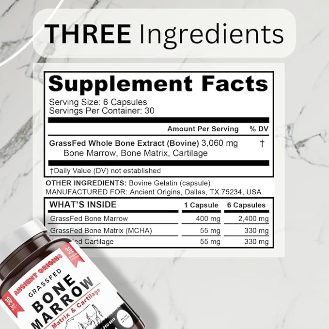 Grass Fed Bone Marrow Supplement 3060mg Skin Oral Health and Joint Support Supplement Promotes Whole-Body Wellness Non GMO Whole Bone Extract 180 Capsules