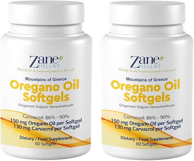 130 mg Carvacrol - 150 mg Oregano Oil per Softgel. Zane Hellas Oregano Oil Softgel - Contains 30% Greek Essential Oil of Oregano. 120 Softgels.