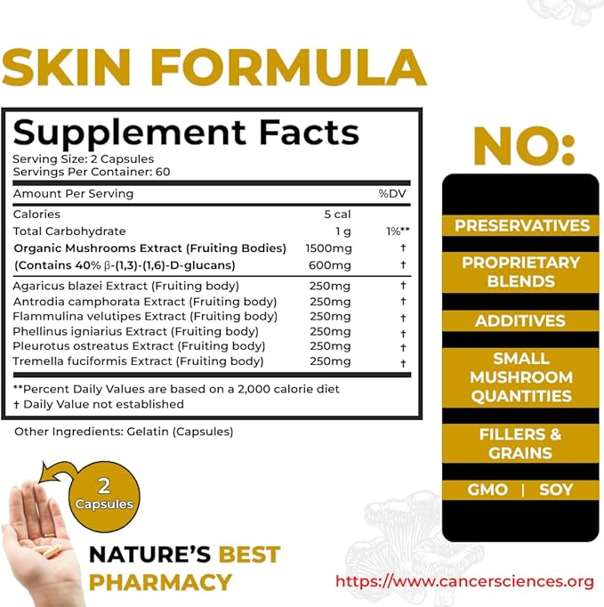 Cancer Sciences Skin Wellness Supplement USDA Certified Organic Extract Mushrooms Supplement Extra Strength 1500 mg High Potency 40% Beta-Glucans Immune Support Glowing Complexion 120 Capsules