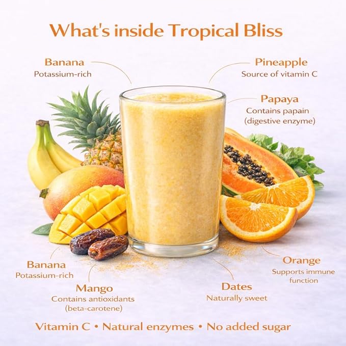 Tropical Smoothie Powder &amp Smoothie Mix – Freeze Dried Tropical Fruit Blend No Added Sugar Vegan Ready in Seconds 10 Servings