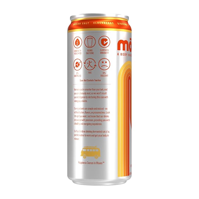 MŌCEAN Mandarin Energy Drink 12 fl oz (Pack of 12) Clean Adult Energy Drink with 130mg Caffeine Adaptogens &amp Minerals No Taurine No Sucralose No Candy Flavors