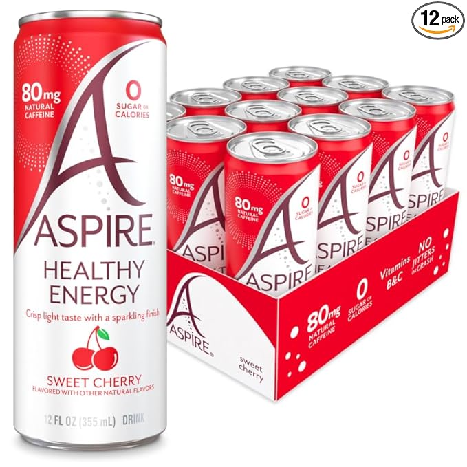 ASPIRE® Sweet Cherry Healthy Energy Drink 80mg Natural Caffeine Zero Sugar No Carbs Keto Friendly 12 Pack Green Tea Sugar Free Drink Low Caffeine Zero Calorie
