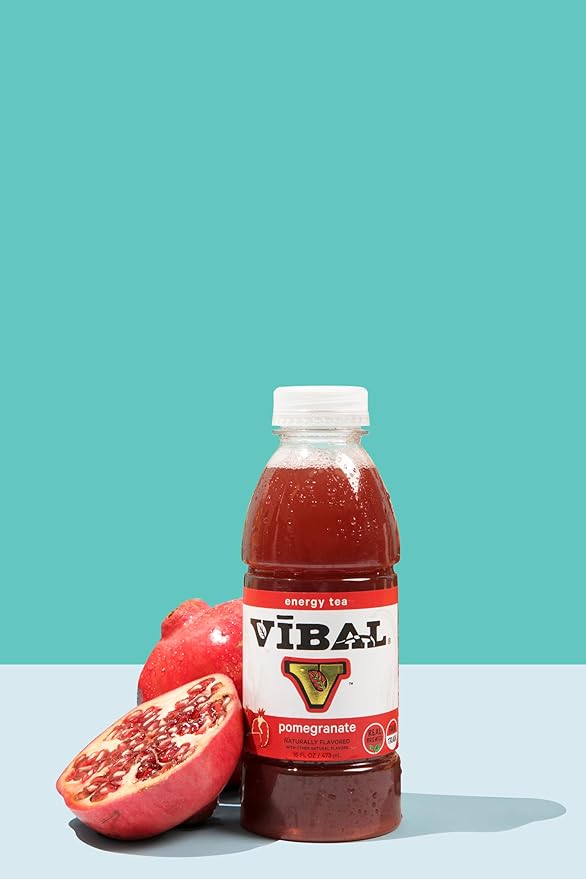 VIBAL ENERGY TEA Pomegranate 16 Fl Oz 6-Pack Natural Energy High Caffeine Ginseng Theanine Low Sugar Low Carb Low Calorie Adaptogens Nootropics