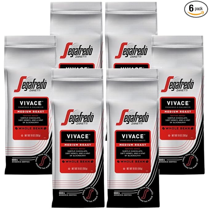 Segafredo Zanetti Whole Bean Coffee – Made With Arabica Coffee – Medium Roast Balanced with Smooth Acidity – Colombian &amp Brazilian Blend – Vivacious Medium Body – Vivace 10oz Bag Pack of 6