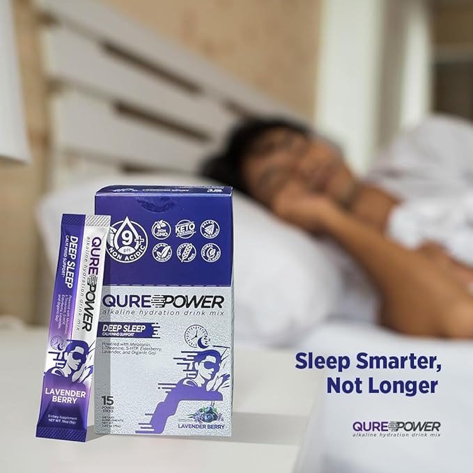 QURE Deep Sleep Aid Drink Mix w/ 5mg Melatonin &amp L-Theanine for Stress Relief | Non - Habit Forming Magnesium &amp 5 - HTP Powder | Alkaline Hydration | 15 Sticks (1 Box)