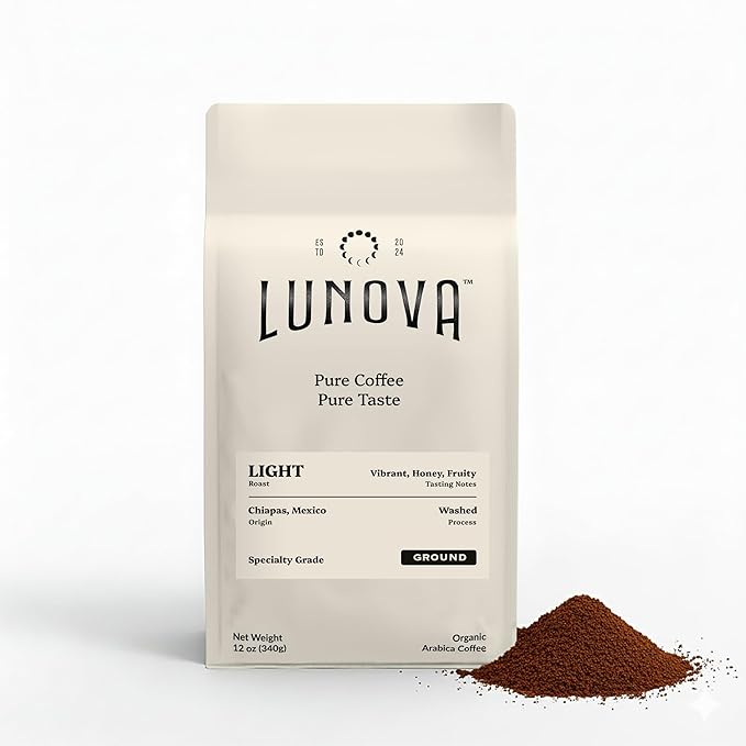 Lunova Organic Mold-Free Ground Coffee | Single-Origin from Chiapas Mexico | Specialty-Grade Third Party Tested (12 oz Light Roast)