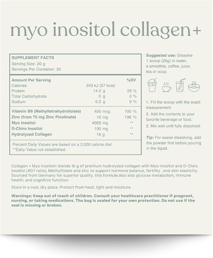 MYO INOSITOL Collagen+ 600 g Unflavored | Myo-Inositol &amp D-Chiro Inositol (40:1) Hydrolyzed Collagen Folate Zinc &amp Vitamin B6| Hormonal Balance Fertility Skin Hair &amp Nail Support