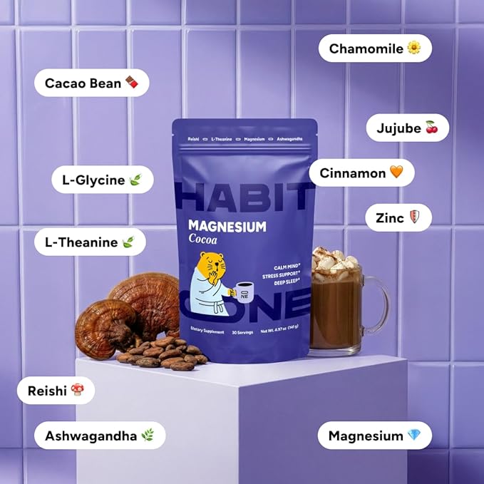 Magnesium Mushroom Cocoa with Ashwagandha &amp Reishi - Adaptogens Blend - Zinc L-Theanine L-Glycine Chamomile Jujube &amp Cinnamon - Made in USA - 30 Servings