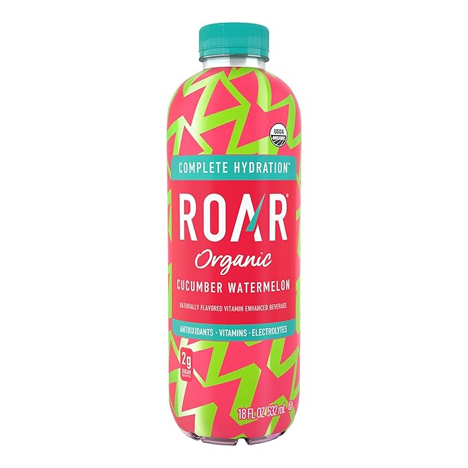 Roar Organic Electrolyte Infusions - USDA Organic - Cucumber Watermelon - with Antioxidants B Vitamins Low-Calorie Low-Sugar Low-Carb Coconut Water Infused Beverage 18 Fl Oz (Pack of 12)