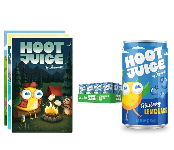 Hoot Juice Blueberry Lemonade 12 Pack + Hoot Juice 3 Pack of Prints