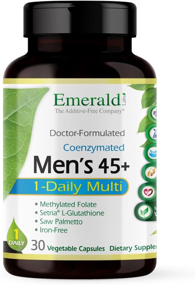 EMERALD LABS Men's 45+ 1-Daily Multi - Made with Saw Palmetto Lycopene &amp More for Heart Bone &amp Immune Support* - Gluten-Free - 30 Vegetable Capsules