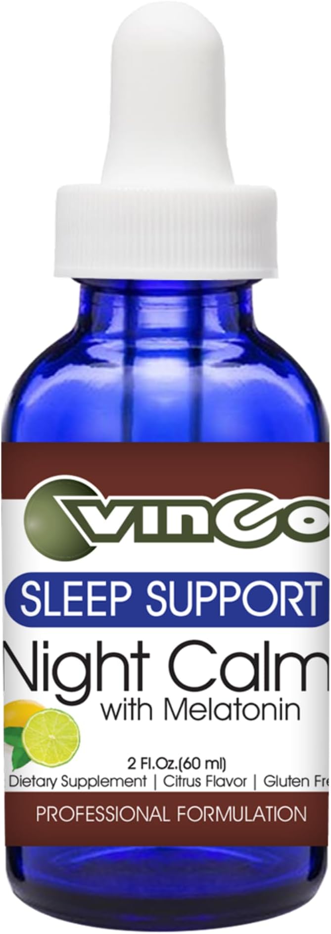 Vinco Inc - Night Calm® Mood &amp Relaxation Daily Supplement | 60 ml (60 Servings) | with Melatonin L-Theanine &amp Herbal Extracts | Supports Sleep Relaxation &amp Mood | Gluten Free &amp Vege