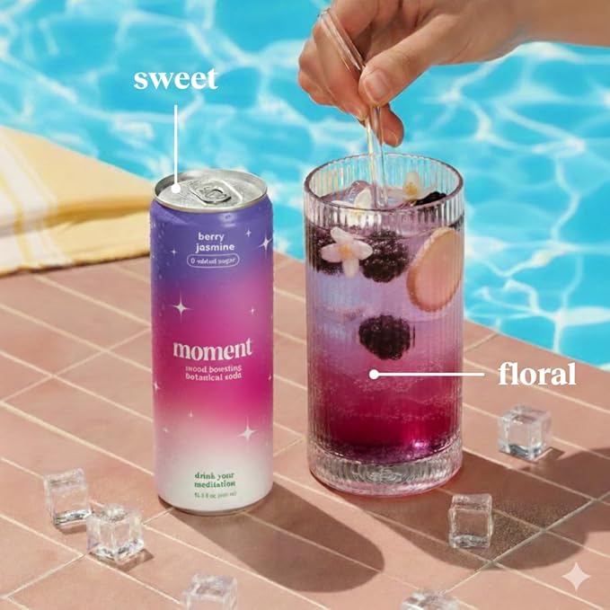 Moment Botanical Soda Soft Drink (Shark Tank) - SPARKLING Non Alcoholic Drinks | Berry Jasmine | L-Theanine &amp Ashwagandha for Calm &amp Clarity | 0 Added Sugar 0 Caffeine | 12-pack