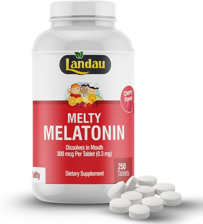 LANDAU 0.3mg-300 mcg Melty Melatonin for Kids &amp Adults – Easy-to-Take Fast-Dissolving Helps You Fall Asleep Faster – Kosher Made in The USA – 250 Tablets Cherry Flavor