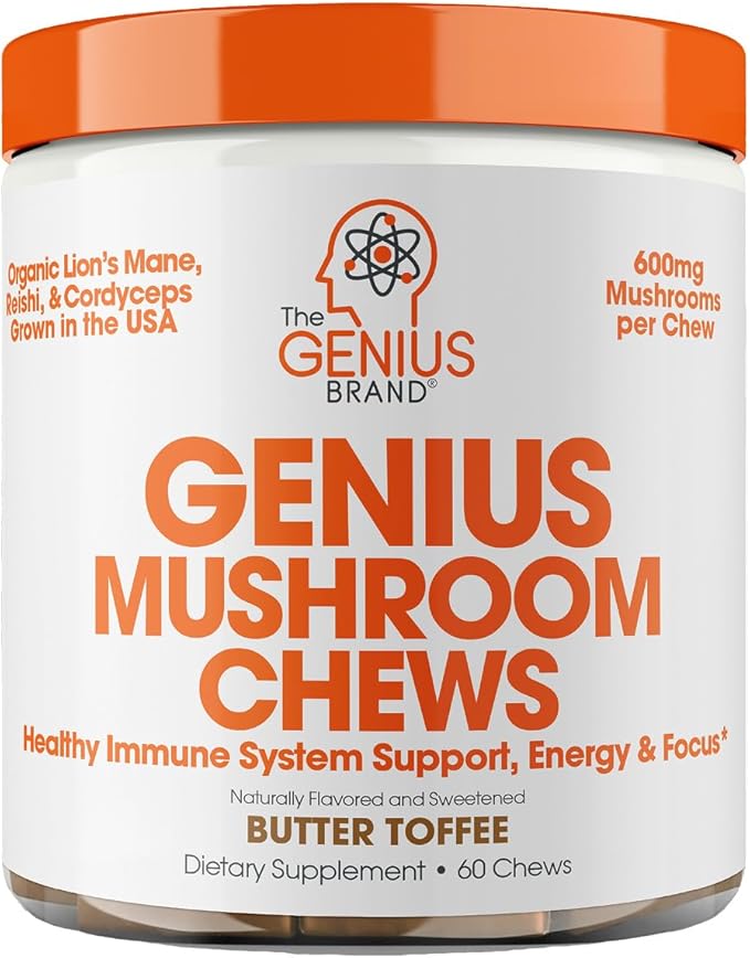The Genius Brand Genius Mushroom - Plant-Based Supplement for Immune Focus &amp Energy Support - Lion's Mane Cordyceps &amp Reishi - Organic &amp Non-GMO - Butter Toffee - 60 Soft Chews