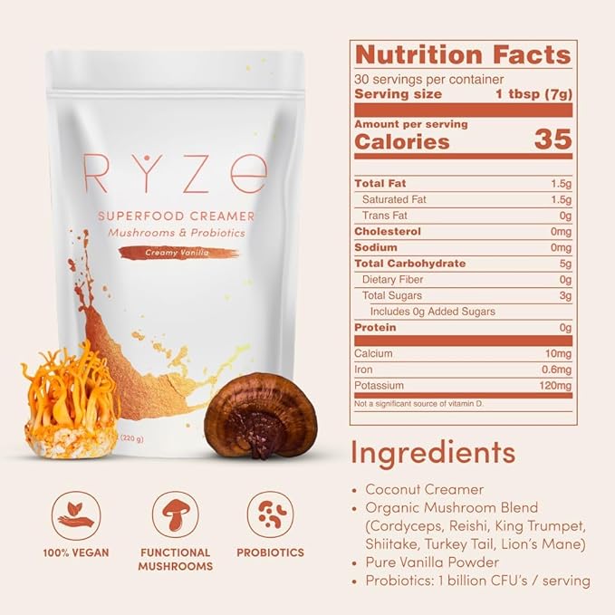 RYZE SUPERFOODS RYZE n Shine Bundle USDA Organic Mushroom Medium Roast Coffee + Probiotic Coffee Creamer with 6 Adaptogenic Mushrooms for Better Energy Focus Digestion Immunity 30 + 30 Servings