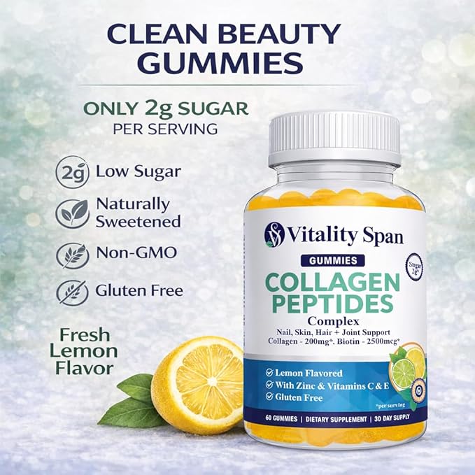 Collagen Gummies for Women with Biotin 2500mcg Vitamin C E &amp Zinc – Hair Skin and Nails Gummies – Low Sugar Lemon Flavor – Beauty Supplement – 60 Gummies
