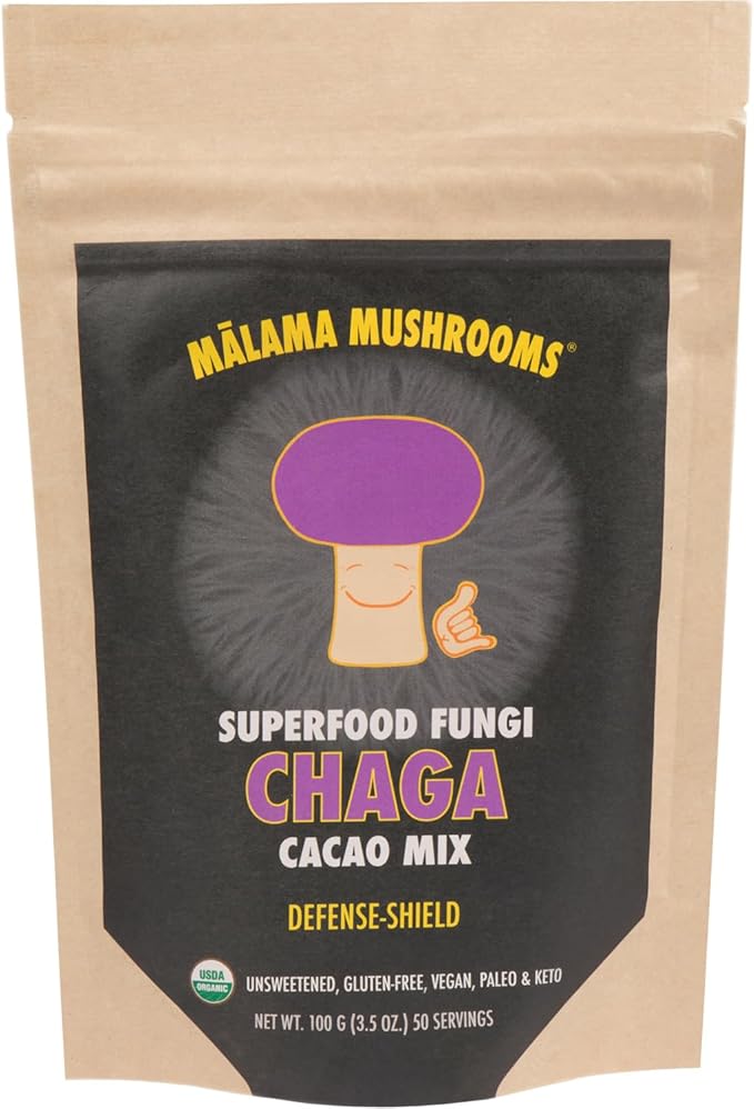 Malama Organic Mushroom Hot Cacao Mix Chaga Mushroom Powder with Fair Trade Cacao for Immune &amp Antioxidant Support – Vegan Supplement &amp Superfood Non GMO 3.5 oz (50 Servings)