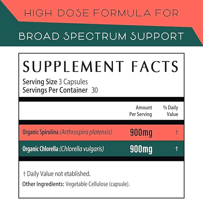 Teaveli Organic Spirulina and Chlorella Capsules – 180 Chlorophyll Pills Blue Green Algae Powder Capsules to Support Detox Mitochondria &amp Energy– 3X More Chlorella Spirulina Powder/Serving