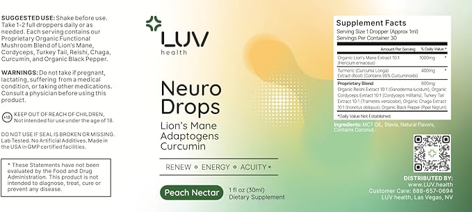 LUV health Neuro Drops – Nerve Pain Support &amp Joint Comfort with Lion’s Mane Curcumin Cordyceps &amp Reishi – Organic Adaptogens – Vegan Non-GMO Made in USA - 30 Servings