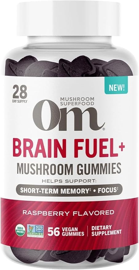 OM MUSHROOM SUPERFOOD Brain Fuel+ Gummies – USA Grown Organic Lion’s Mane – Supports Memory Focus &amp Cognitive Function – Raspberry Flavor – 28 Servings 56 Count.