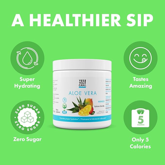 Yes You Can! Aloe Vera Powder Drink Mix - Hydration Booster Infused with Pure Organic Aloe Vera Extract - Delicious Flavors - Made in USA - Antioxidant Rich - Mango Flavor - 40 Servings