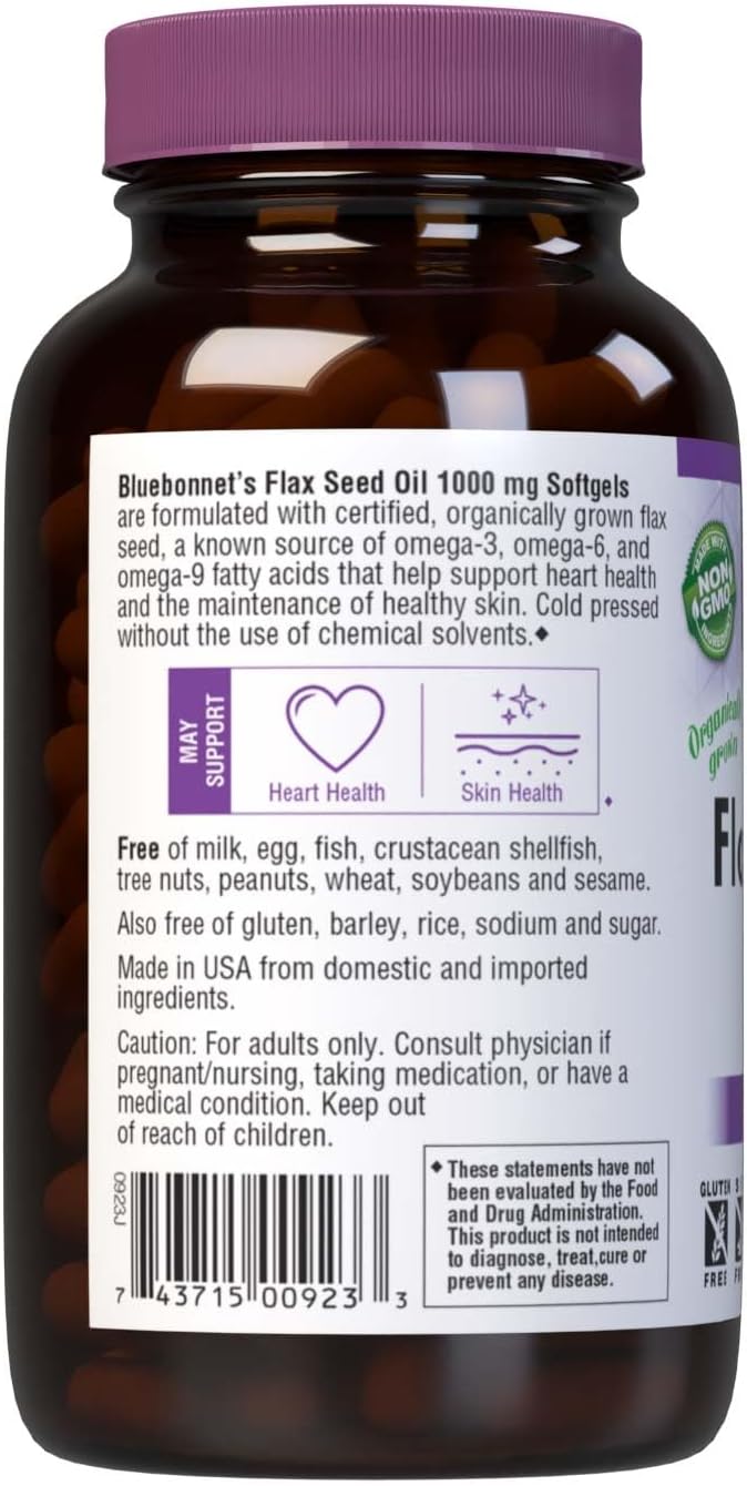 BlueBonnet Flax Seed Oil 1000 mg - Omega 3 6 9 Fatty Acids Heart Health &amp Skin Support for Women &amp Men - Cold-Pressed Organic Flaxseed Oil Capsules - Non-GMO Gluten-Free Soy-Free - 250 Soft