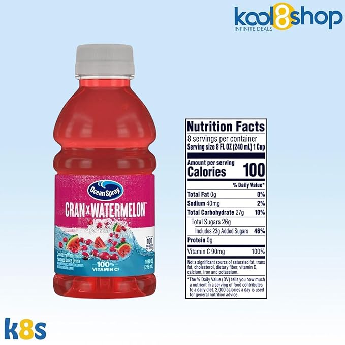 Ocean Spray Cran Watermelon Fruit Juice Drink 10 fl oz Plastic Bottles 24 Pack + 2 Reusable Snack Bags by KOOL8SHOP Infinite Deals