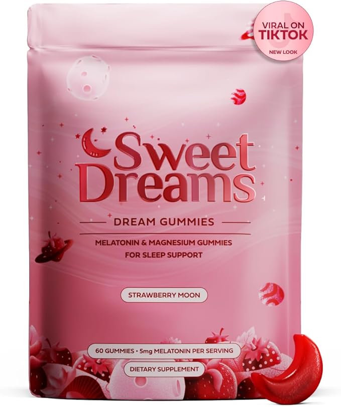 SweetDreams Dream Gummies Natural Sleep Aid for Adults 5mg Melatonin Magnesium &amp L-Theanine - Vegan Gummy Supplement - Melatonin Gummies for Restful Deep Sleep Cycles (Strawberry Moon)