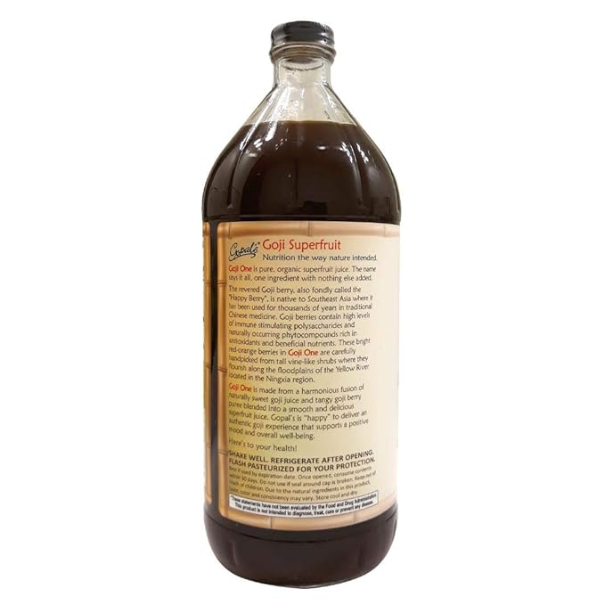 Gopal's Healthfoods Goji One Organic Juice - 32oz (1qt) Glass Bottle Gluten-Free Vegan Superfruit Liquid 30g of Pure Goji Juice Per Serving Vitamin &amp Antioxidant Rich