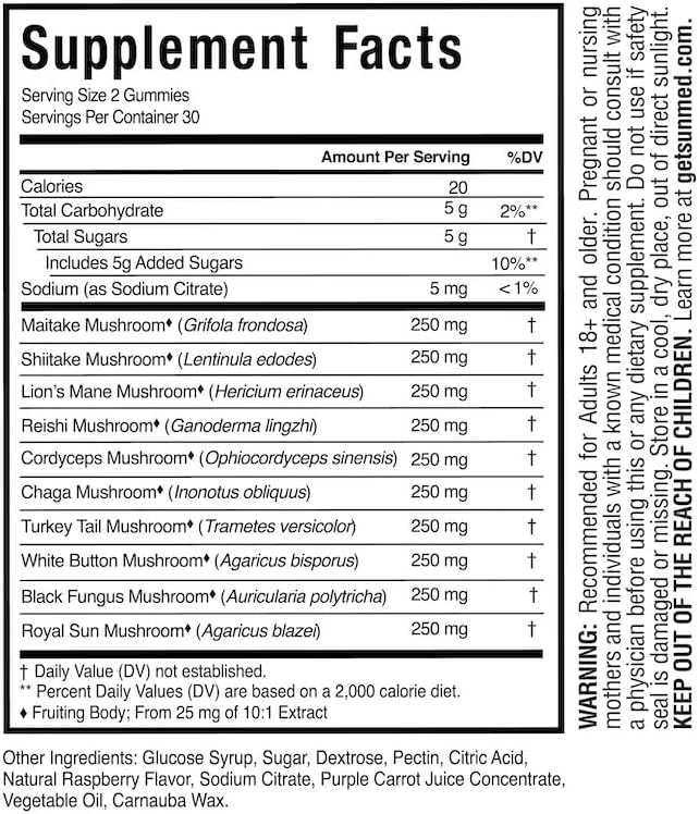 SUNMED All-in-One Mushroom Gummy Supplements for Focus Energy Mood &amp Immune Support – 10 Functional Mushrooms (Lion’s Mane Reishi Cordyceps Chaga) | Wild Raspberry Flavor 60ct