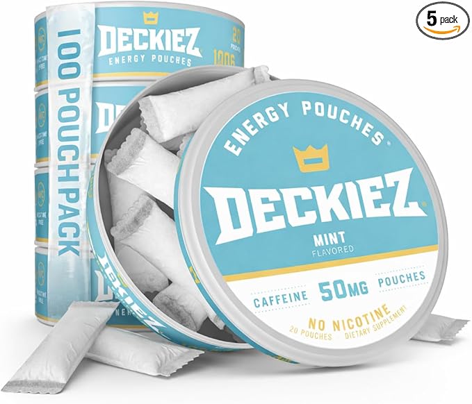 Deckiez Energy Pouches 5 Cans (100 Pouches) Sugar Free Caffeine Supplement Coffee Pouches &amp Energy Drink Alternative 50mg Caffeine Pouches Mint Flavor
