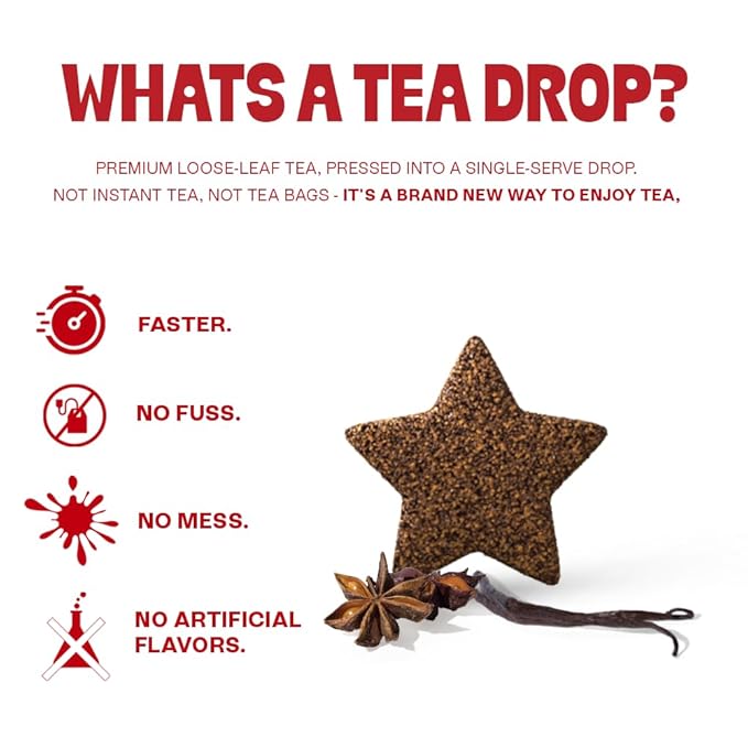 Tea Drops 30 Bulk Pack Organic Spiced Chai Bagless Tea - Loose Leaf Lightly Sweetened On-The-Go. Plastic-Free - Iced or Hot Tea