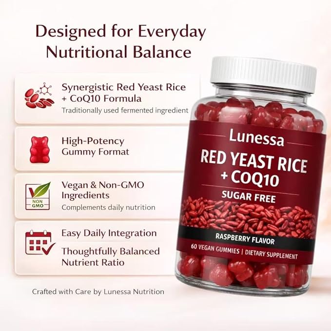 Lunessa Red Yeast Rice with Red Yeast Rice 2400mg CoQ10 200mg Restores Body Vitality &amp Maintains Healthy Cholesterol Levels for Men &amp Women Non-GMO Vegan Raspberry Flavor 60 Gummies (2)