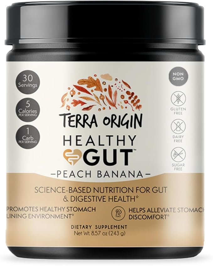 TERRA ORIGIN Healthy Gut Peach Banana | 30-Servings with L-Glutamine Zinc Glucosamine Slippery Elm Bark Marshmallow Root and More!