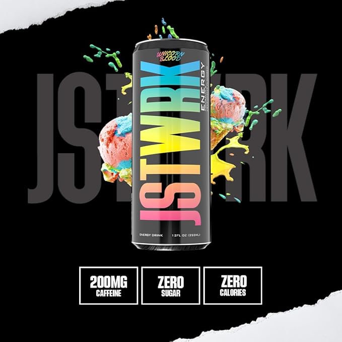 JST WRK Energy Drink - 12-Pack Sugar-Free Zero Calories No Sugar Alcohols 12 Fl Oz. 200 milligrams Caffeine (Unicorn Blood)