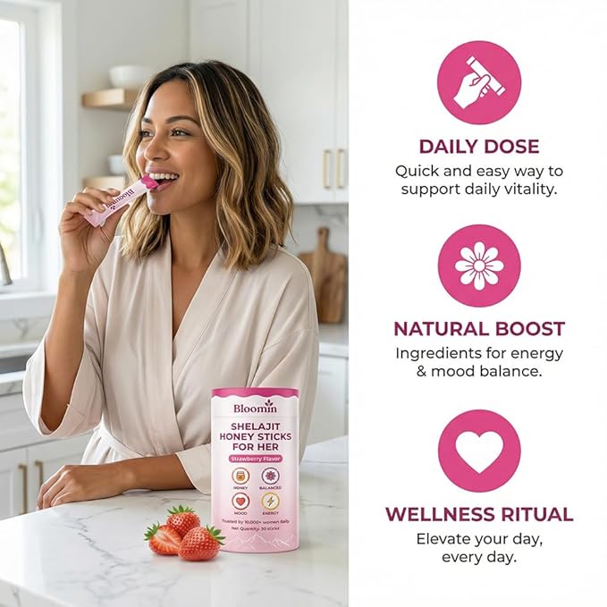 Bloomin Honey Sticks with Shilajit Shatavari &amp Saffron Strawberry Honey Supplement for Women Hormonal Balance Focus &amp Stamina Non-GMO 30 Sticks (Strawberry)