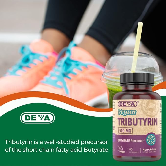 DEVA Vegan Tributyrin Supplement - Butyrate Precursor Gut Barrier Support Butyric Acid 500 MG Vegan Capsules Leaky Gut Support Digestion 90 Count