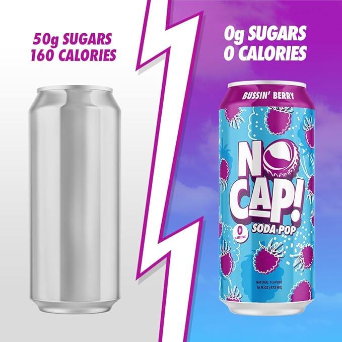 NO CAP! Next Gen Soda Pop with Zero Sugar Zero Calories and Electrolytes for Hydration Naturally Flavored Caffeine-Free Soda Vegan &amp Gluten-Free 16 oz Cans (Bussin Berry)