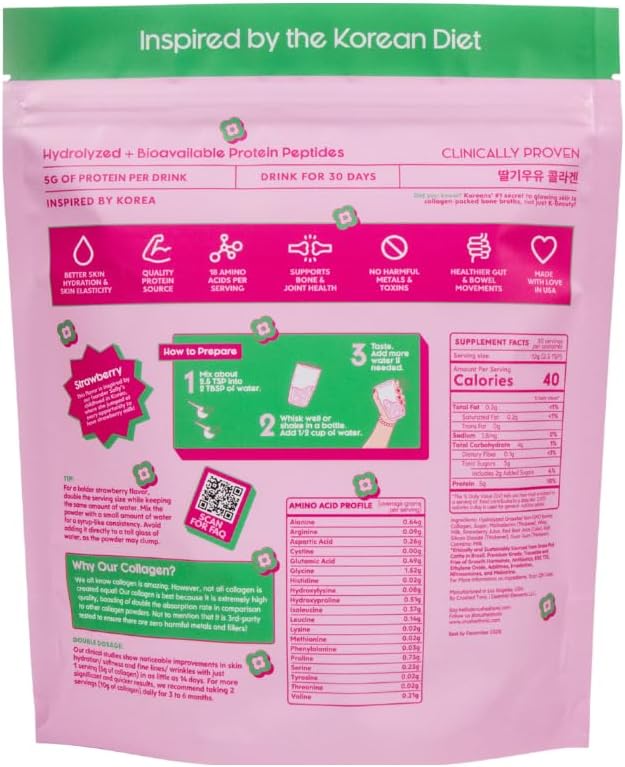 Crushed Tonic Marine Collagen Powder Korean Beauty Drink with Hydrolyzed Collagen Peptides for Skin Hair &amp Nails | Gluten-Free Halal &amp Kosher (Strawberry Milk 30 Servings (150 g) Pouch)