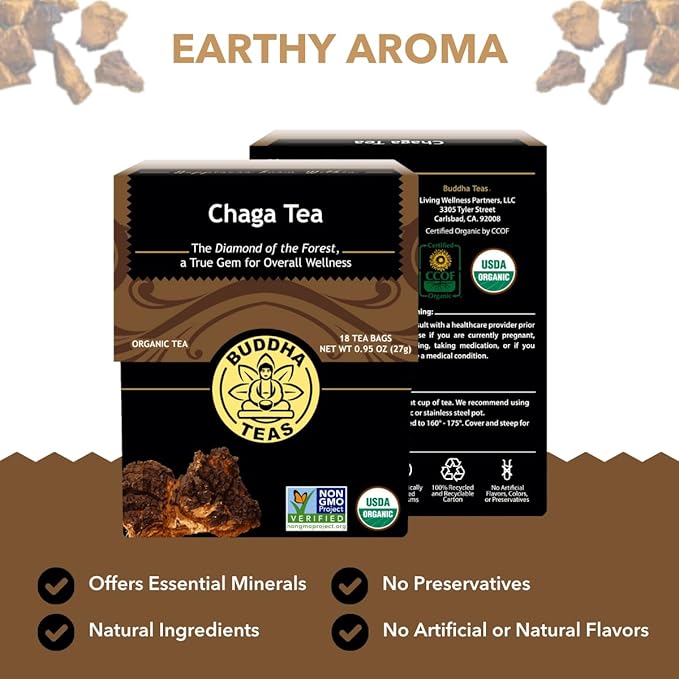 Buddha Teas - Chaga Tea - Organic Herbal Tea - For Cognitive Balance &amp Overall Health - With Chaga Mushroom Antioxidants &amp B Vitamins - Caffeine Free - 100% Kosher &amp Non-GMO - 18 Tea Bags