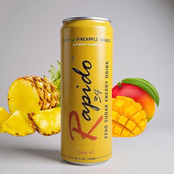 Rapido 34 Energy drink Spicy Pineapple Mango Zero Sugar 12oz can 12 pack case