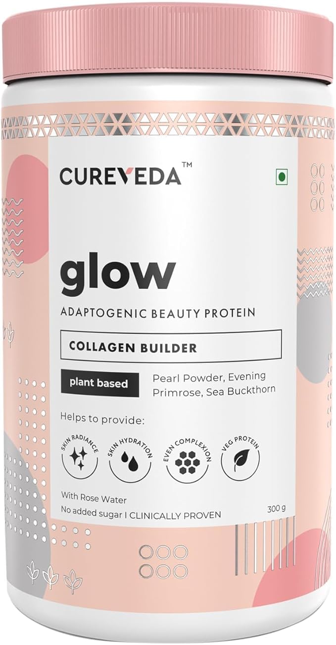 Collagen_Builder Glow Powder for Brighter &amp Youthful Skin Plant-Based Supplement with Rose Water Veg Beauty Protein Evening Primrose 100IU No Added Sugar 300gm for Men and Women