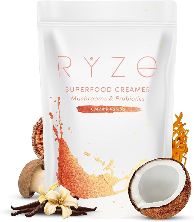 RYZE SUPERFOODS Dark Roast RYZE n Shine Bundle Instant Mushroom Coffee + Probiotic Coffee Creamer with 6 Adaptogenic Mushrooms Prebiotic+Probiotic Blends Energy Focus Digestion Immunity 30 sv each