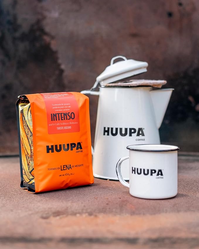 HUUPA Intense Wood-Fired Roasted Coffee 100% Arabica and Robusta Blend High Caffeine Dark Roast Whole Bean Intense 16 oz