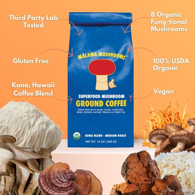 Organic Ground Mushroom Coffee by Malama | 8-Mushroom Superfood Blend with Lion’s Mane Reishi Cordyceps for Focus &amp Immune Support | Low Acid Smooth Bold Flavor Adaptogenic Energy | 12oz Bag