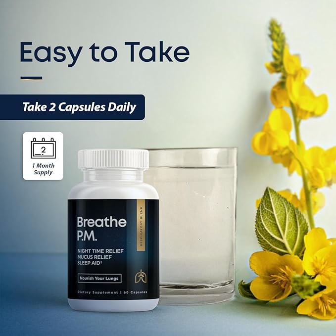 BREATHE PM Nighttime 6-IN-1 Mullein Capsules For Lung Detox for Smokers (60 Caps - 30 Days) - L-Theanine Thyme &amp Mullein Leaf Extract For Lungs - Mucus Removal Supplement - GMO-Free &amp Made